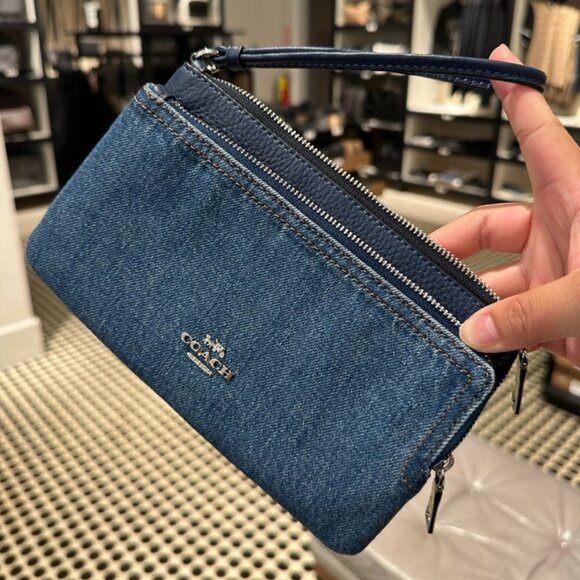 NWT! Coach CAP24 Double Zip Wallet Wristlet In Denim & Leather Silver/Indigo - Picture 1 of 9